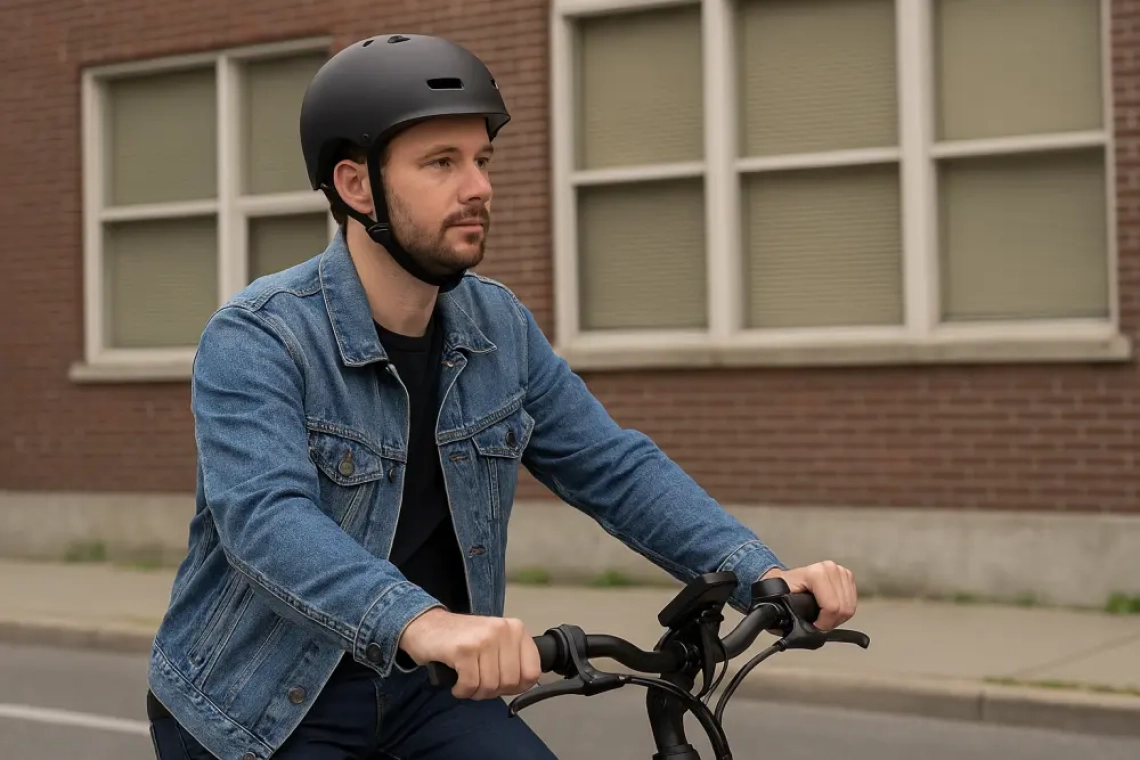Man van begin 30 met zwarte fietshelm rijdt op een e-bike door een Nederlandse stad, gekleed in een spijkerjack en zwarte T-shirt, met een serieuze blik op zijn gezicht